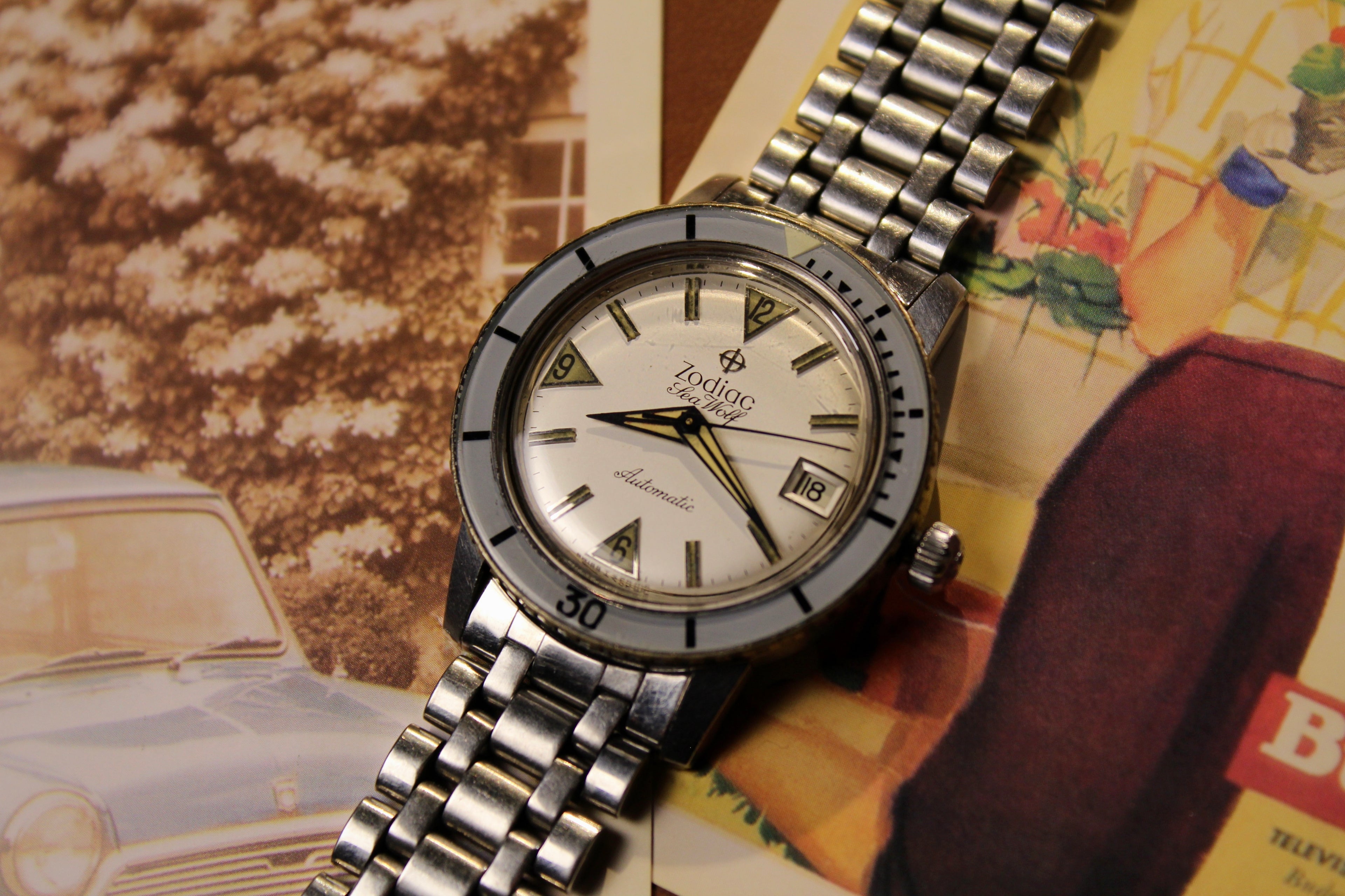 Zodiac Sea Wolf 1750B, Ref. 722-946, White Dial / Baby Blue & Black Bezel