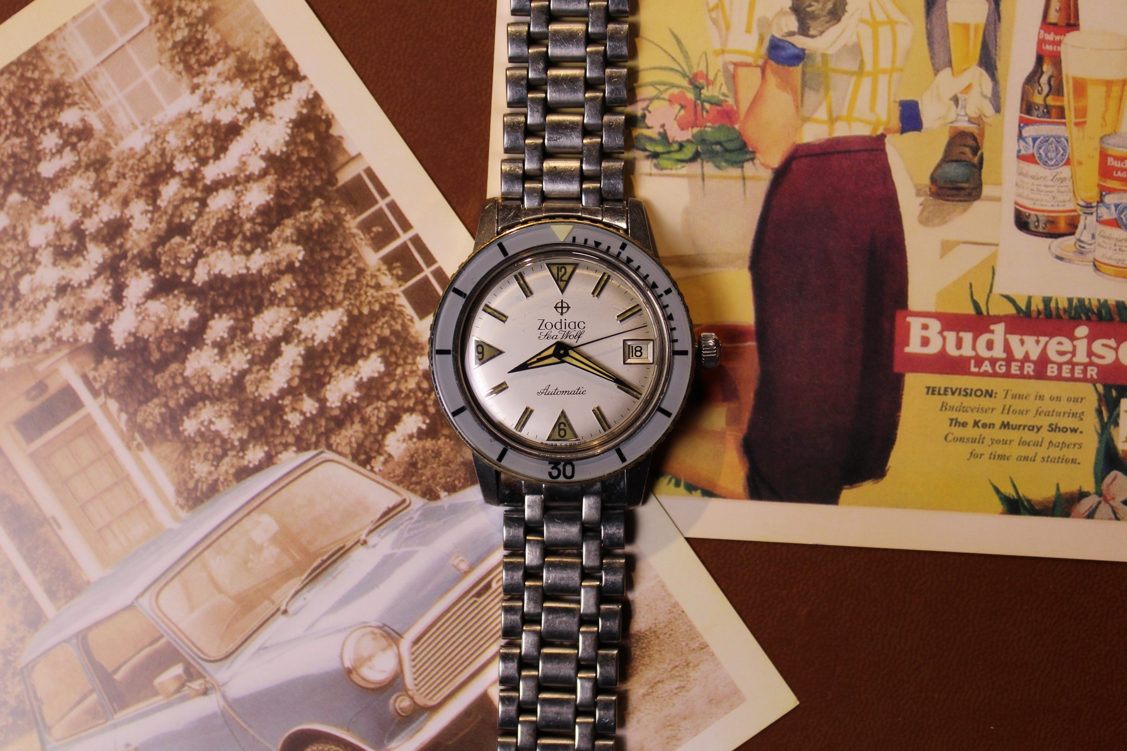 Zodiac Sea Wolf 1750B, Ref. 722-946, White Dial / Baby Blue & Black Bezel